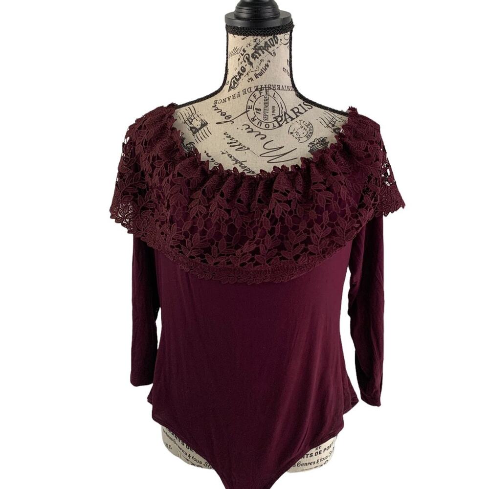 Haute Monde Bodysuit Burgundy Off the shoulder Lace 3/4 Sleeves Womens Plus 3X